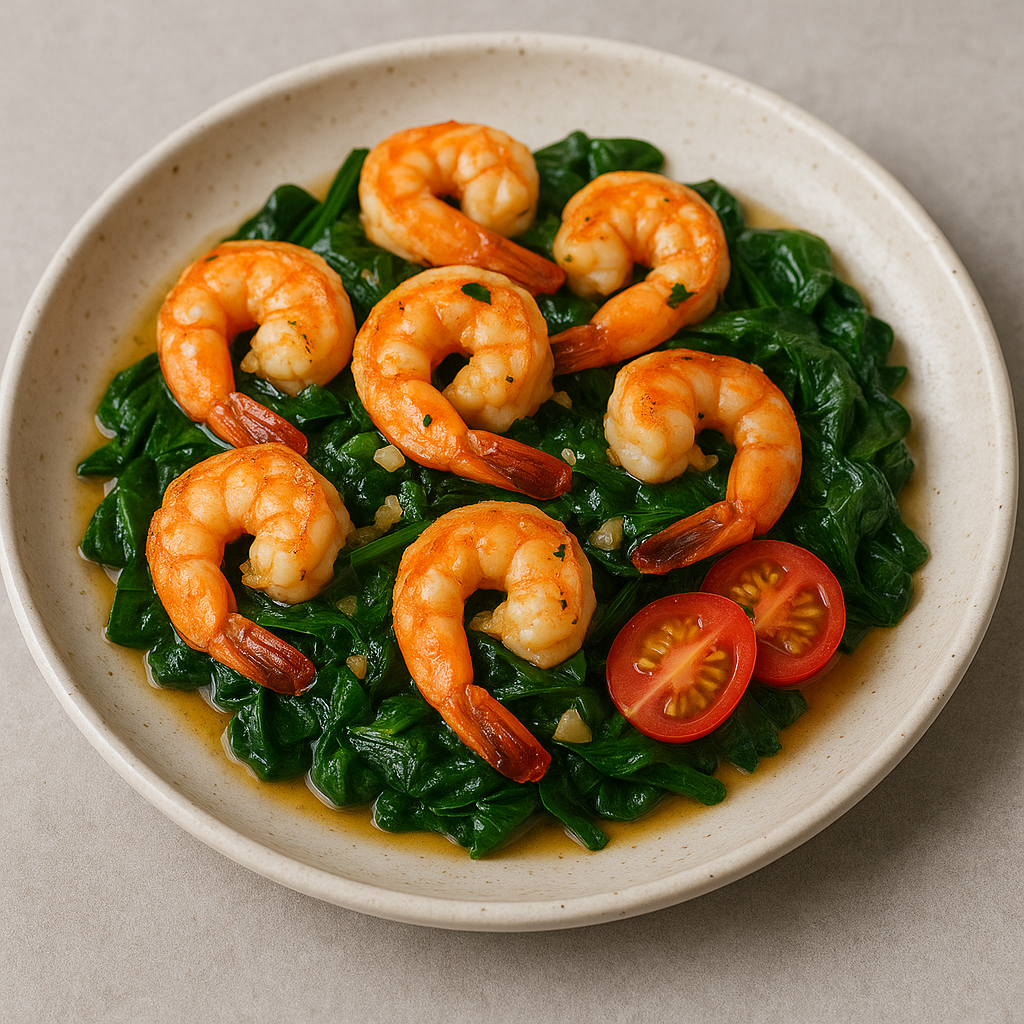 Garnelen mit Knoblauch und Spinat