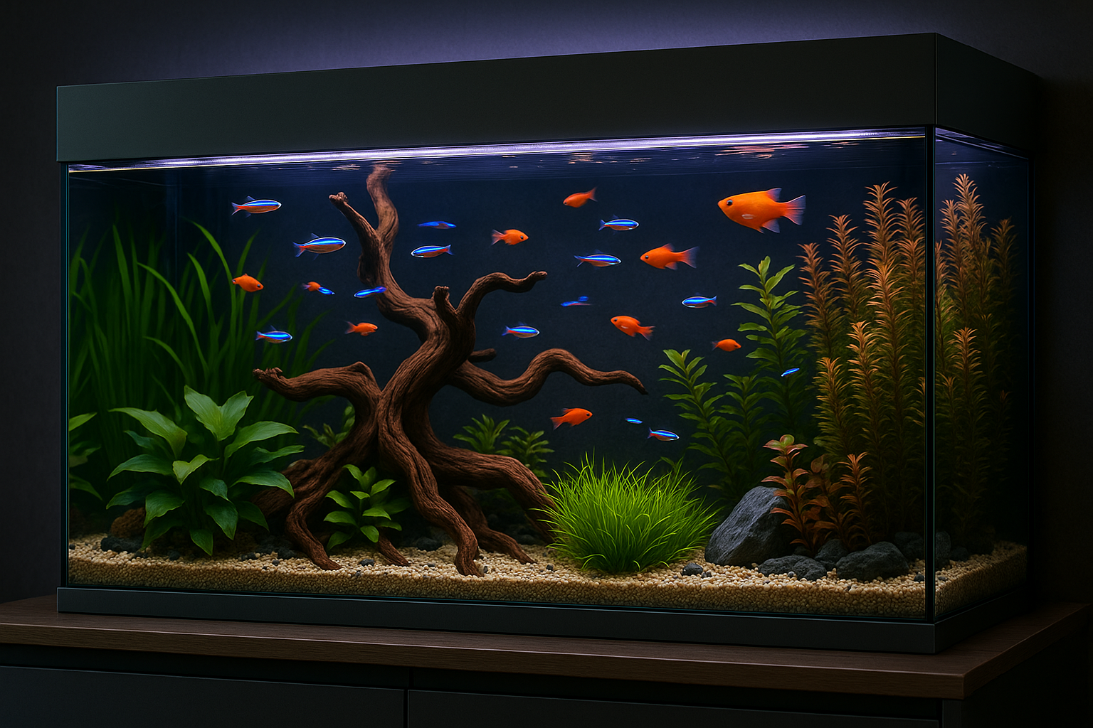 Aquarium Beleuchtung Ideen mit LED Licht im Wohnzimmer