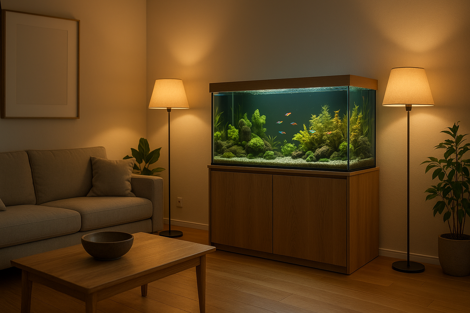 Aquarium Zuhause mit moderner Einrichtung im Wohnzimmer