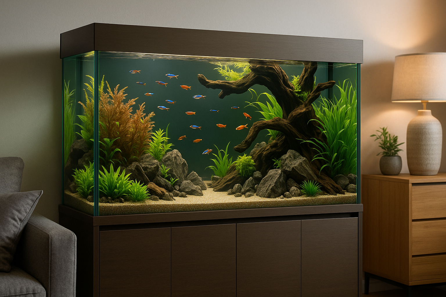 Aquarium Deko Ideen mit Pflanzen und Steinen im Wohnzimmer
