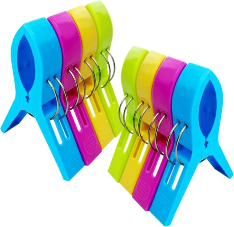 8 Stück Farben Riesen Wäscheklammern, große Stabile Kunststoff Handtuch Klammern, 4 Bunte Halten Sie Ihr Handtuch Davon ab wegzublasen, für Strandtuch, Badetuch, Teppich, Kleidung